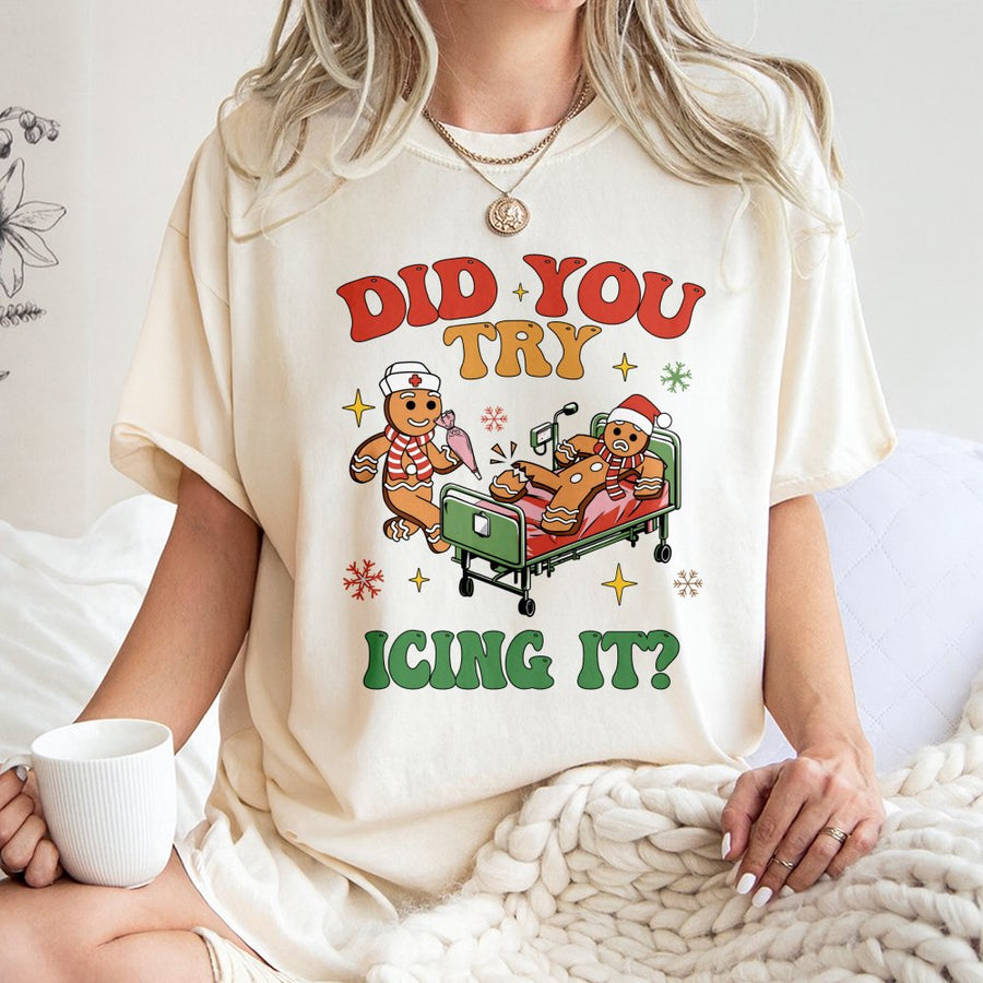 Did You Try Icing It? Gingerbread Nurse T-Shirt | Funny Christmas Medical Pun | 100% Cotton Premium Tee | Holiday Gift for Nurses & Doctors