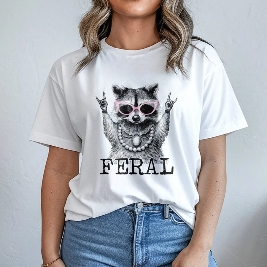 Feral Raccoon T-Shirt Sweatshirt | Funny Animal Graphic with Pink Sunglasses | Premium Cotton Blend | Humorous Gift for Women and Moms