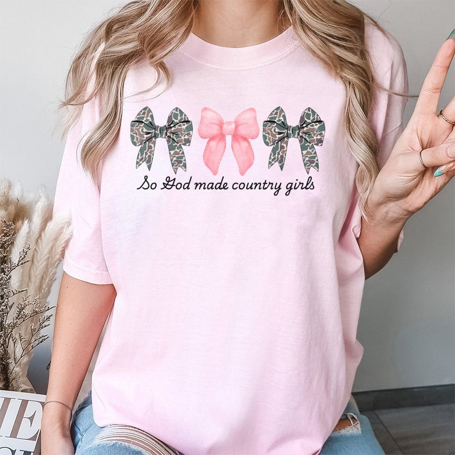 Country Girl T-Shirt | Pink Camo Bows Coquette Graphic | 100% Cotton Premium Apparel | Southern Style Gift for Women and Teens