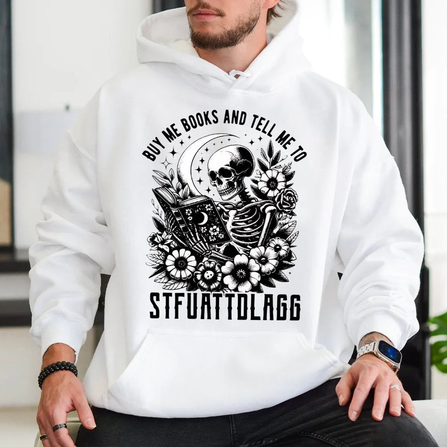 Book Lover Hoodie | Funny Skeleton Reading Graphic Print | Soft Cotton-Blend Unisex Sweatshirt | Unique Gift for Librarian & Bookworm