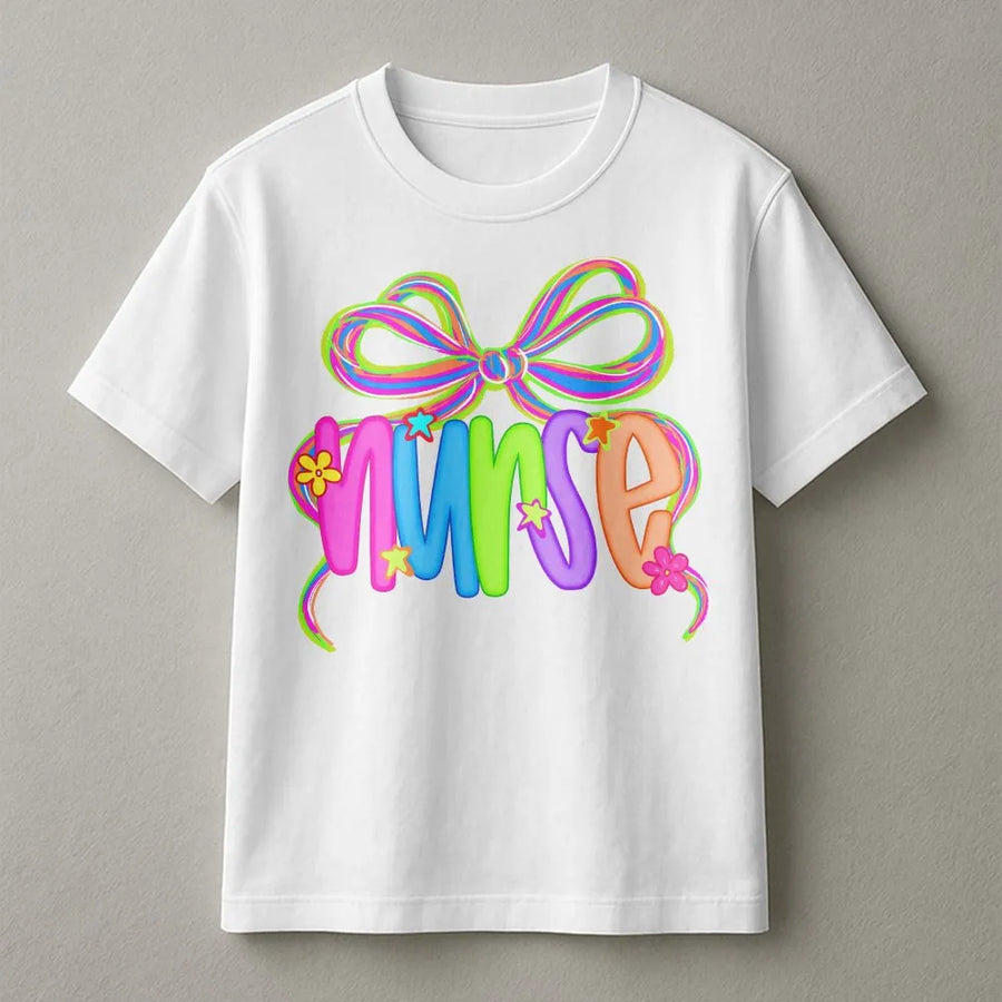 Coquette Nurse T-Shirt | Neon Bow Graphic Nursing Life Tee | Premium Soft Cotton | Gift for RN, CNA, NICU Nurses