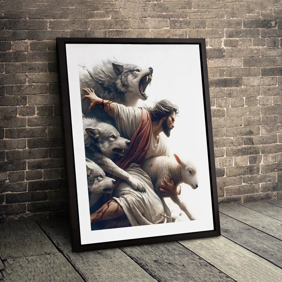 Jesus Protecting Lamb From Wolves Canvas | Religious Wall Art Print | Premium 1.25 Inch Gallery Wrap | Christian Home Decor Gift
