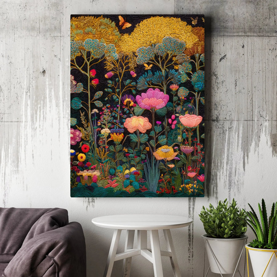 Enchanted Garden Canvas Wall Art | Textured Botanical Tapestry Print | Premium Gallery Wrapped Canvas | Boho Maximalist Home Decor Gift