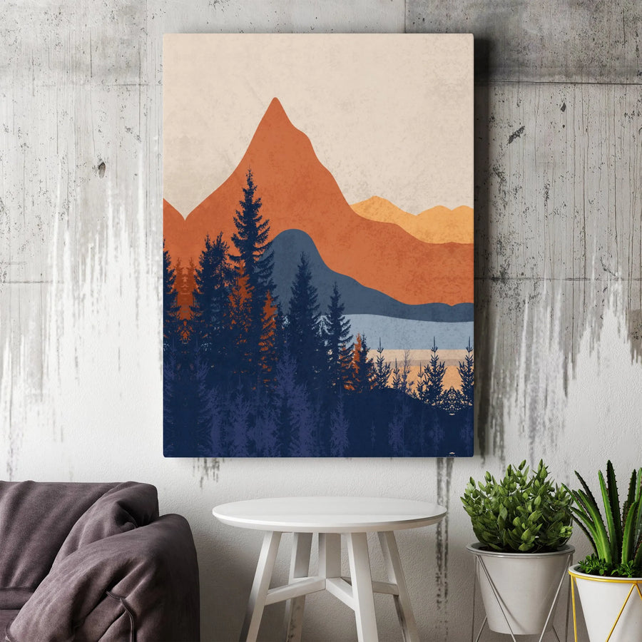 Abstract Mountain Canvas Wall Art | Mid Century Terracotta Pine Forest Print | Premium Gallery Wrap Decor | Modern Home Office Gift