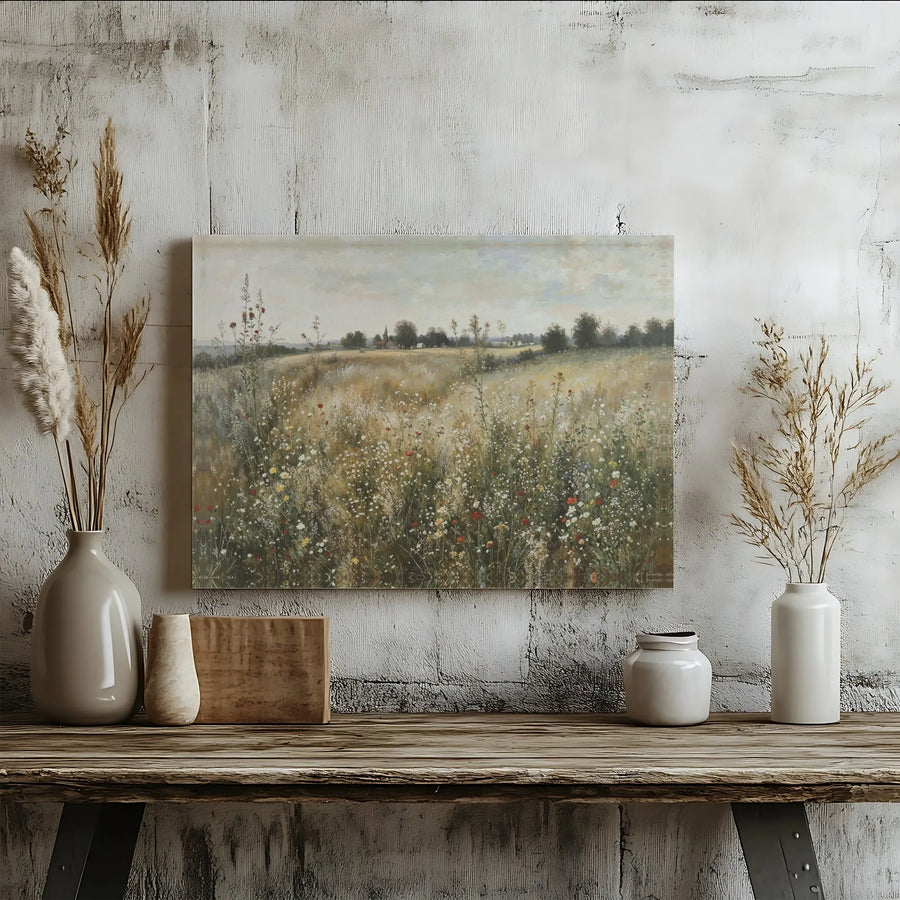 Wildflower Meadow Canvas Print | Vintage Country Landscape Art | Premium Gallery Wrapped Wall Decor | Farmhouse Cottagecore Gift For Home