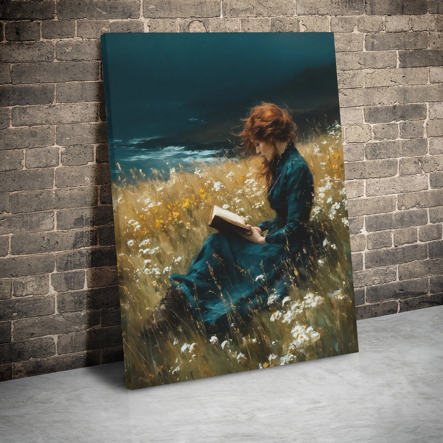 Woman Reading Book Canvas Wall Art | Moody Wildflower Meadow Landscape | Premium Gallery Wrap Print | Romantic Cottagecore Home Decor Gift