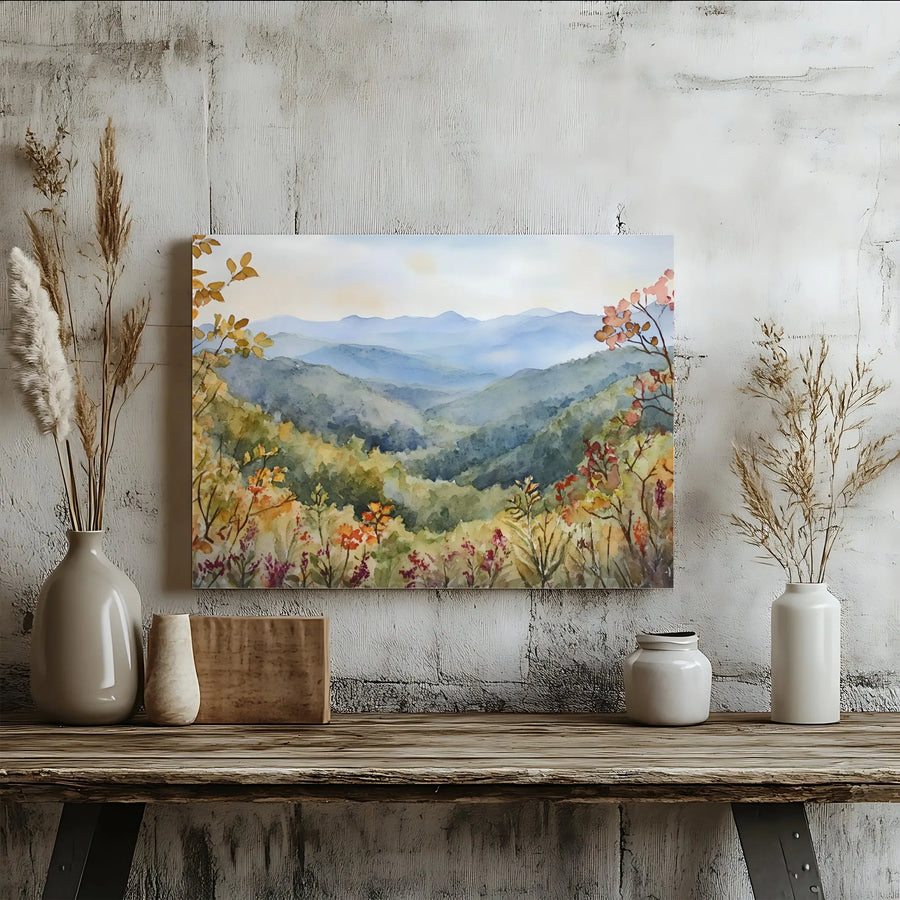 Mountain Landscape Canvas Print | Watercolor Autumn Wildflowers Art | Premium Gallery Wrap Wall Decor | Nature Lovers Gift