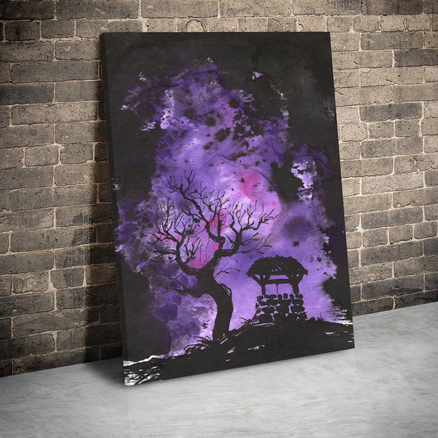 Spooky Well And Tree Canvas | Purple Night Sky Gothic Wall Art | Premium 1.25-Inch Gallery Wrap | Ready To Hang Dark Academia Decor