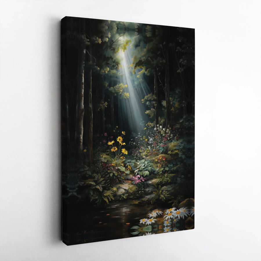Enchanted Forest Canvas Wall Art | Sunbeam Meadow Landscape Print | 1.25 Inch Gallery Wrap | Botanical Home Decor Gift for Nature Lovers