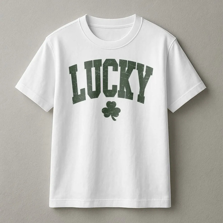 Lucky Shamrock T-Shirt | Distressed Varsity Text Irish Clover Graphic | 100% Soft Cotton Premium Tee | St. Patrick's Day Outfit Gift For Adults