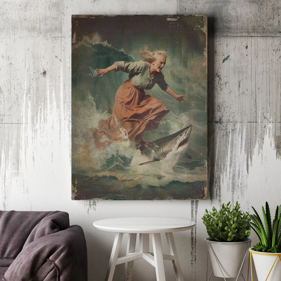 Surfing Grandmother Shark Canvas Print | Surreal Vintage Oil Painting Wall Art | Premium 1.25-Inch Gallery Wrap | Funny Granny Gift for Home Decor