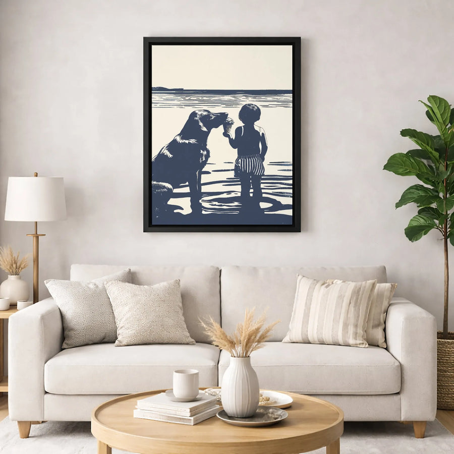 Boy and Dog Beach Wall Art | Block Print Style Seaside Scene | 1.25 Inch Premium Gallery Canvas | Nostalgic Summer Home Decor Gift