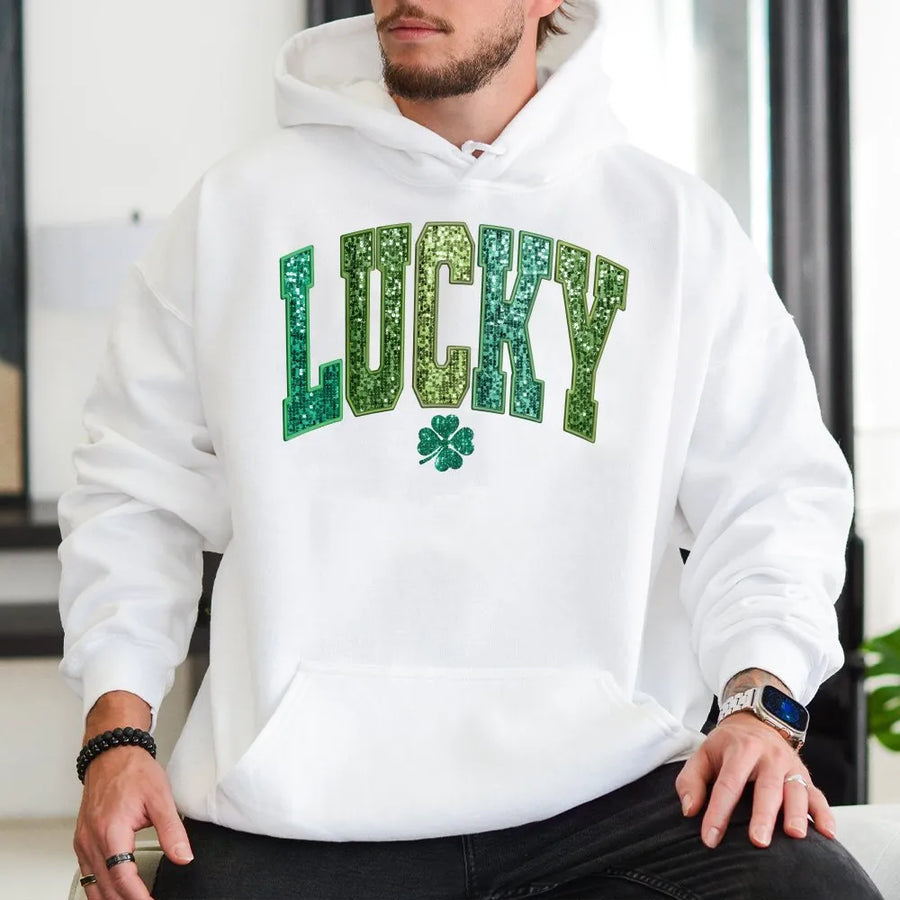 Lucky St Patrick's Day Hoodie | Retro Varsity Glitter Shamrock Graphic | Soft Cotton-Polyester Blend | Festive Irish Gift for Women and Men