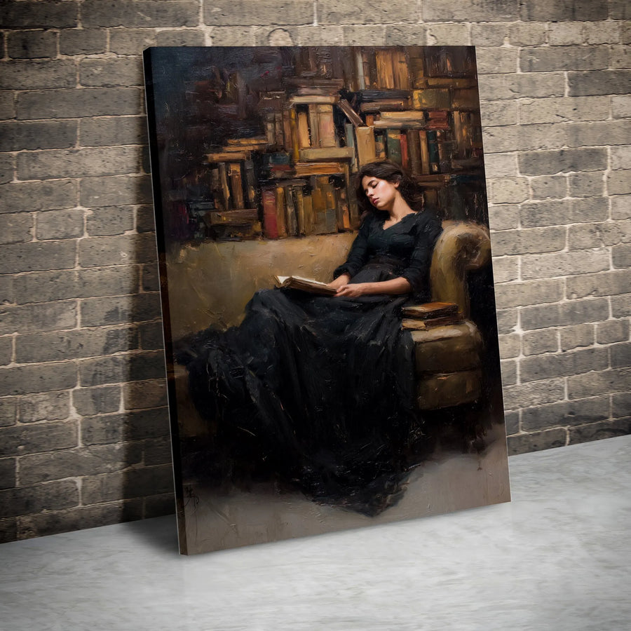Dark Academia Vertical Canvas | Vintage Woman Reading Painting | Premium Gallery Canvas | Gift for Book Lovers & Readers, Library Decor