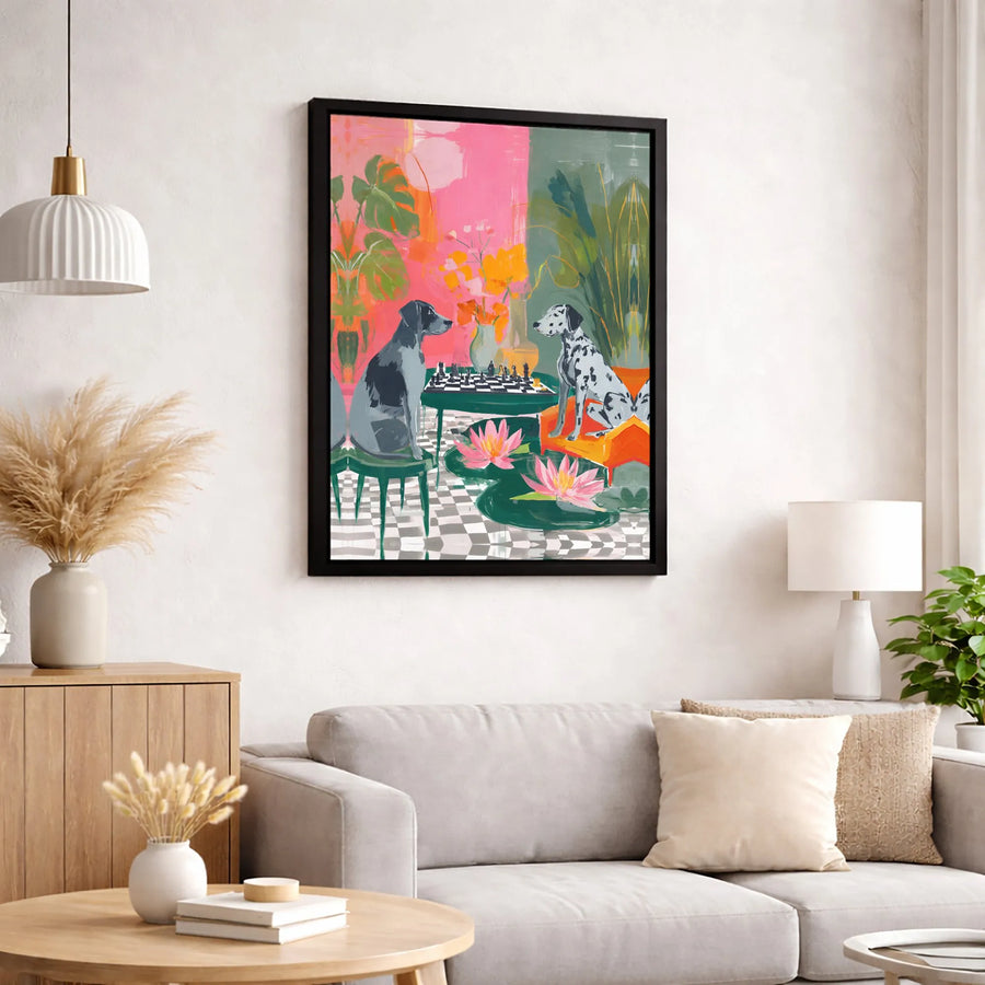 Dogs Playing Chess Canvas Print | Whimsical Dalmatian and Pointer Art | Premium Gallery-Wrapped Wall Decor | Unique Gift for Dog Lovers