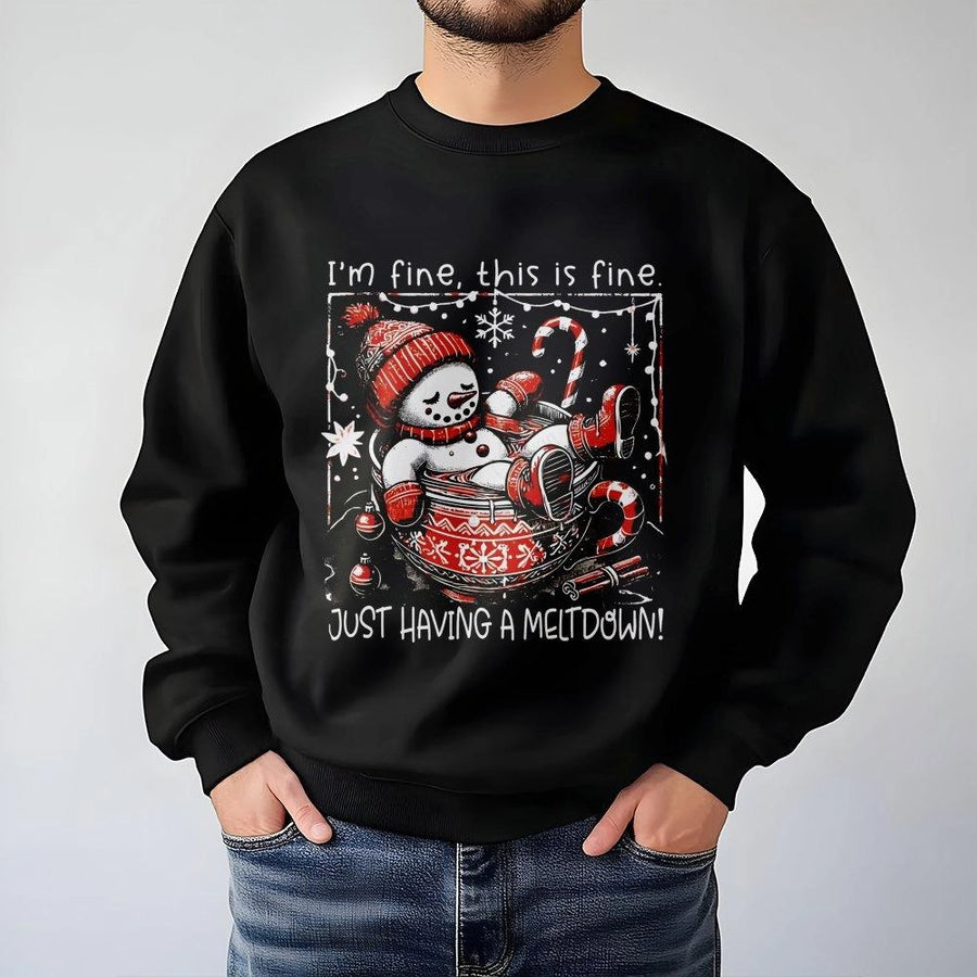 Funny Snowman Sweatshirt | I'm Fine This Is Fine Meltdown Graphic | Soft Cotton Blend Winter Pullover | Cozy Christmas Gift For Women And Men