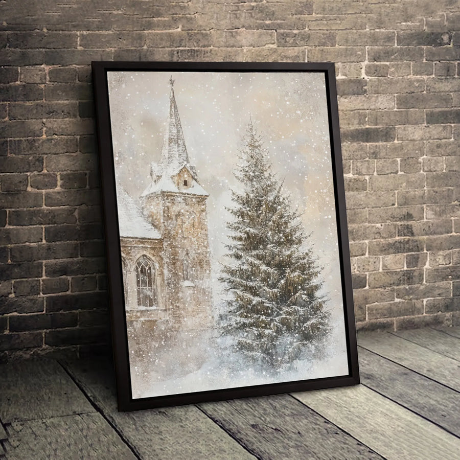 Winter Church Canvas Art | Snowy Christmas Tree Landscape Painting | Premium Gallery Wrapped Decor | Holiday Wall Decor Gift for Home