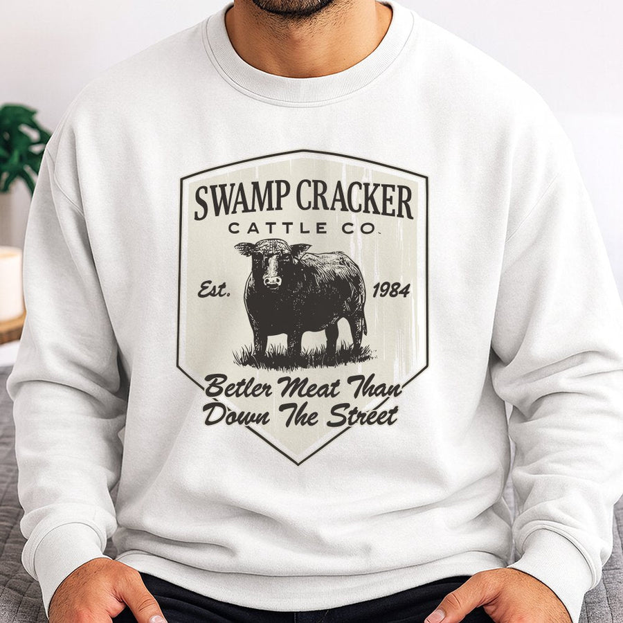 Swamp Cracker Cattle Co Sweatshirt | Vintage Farm Beef Logo Graphic | Premium Cotton Blend | Funny Cowboy Gift for Farmers and Ranchers