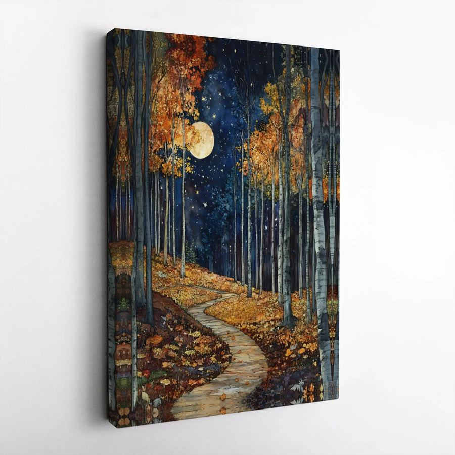 Autumn Forest Path Canvas Wall Art | Enchanted Full Moon Night Landscape | Premium Gallery Wrap Print | Whimsical Nature Decor Gift