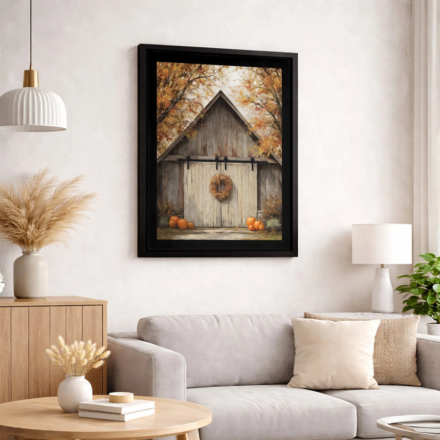Rustic Autumn Barn Canvas Print | Farmhouse Pumpkin Wreath Wall Art | Premium Fade-Resistant Gallery Wrap | Fall Home Decor Harvest Gift