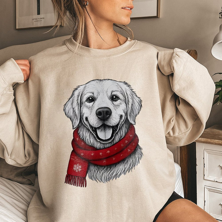Golden Retriever Christmas Sweatshirt | Cute Dog In Red Scarf Graphic | Premium Cotton Blend Crewneck | Cozy Holiday Gift For Dog Lovers
