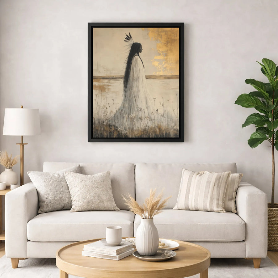 Native American Woman Canvas Wall Art | Golden Feather Portrait | Premium Fade-Resistant Gallery Wrap | Elegant Southwestern Home Decor Gift
