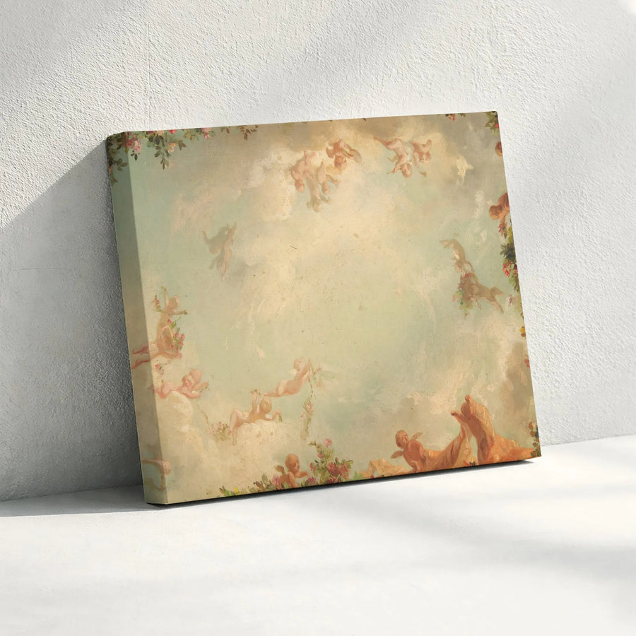 Vintage Angel Cherub Painting Canvas Wall Art | Romantic Heavenly Sky Painting | Premium Gallery Wrapped Print | Classic Home Decor Gift