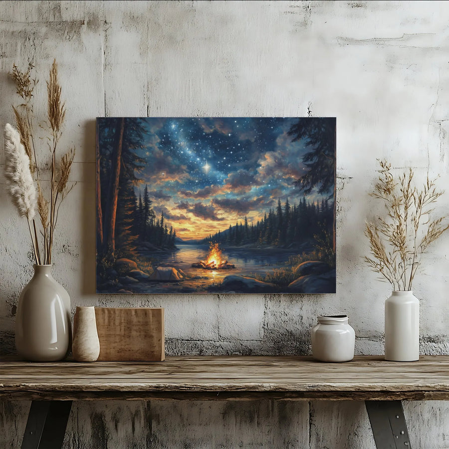 Starry Night Forest Canvas Print | Campfire By The River Landscape Art | Gallery-Quality 1.25" Thick Wall Decor | Nature Lover Cabin Gift