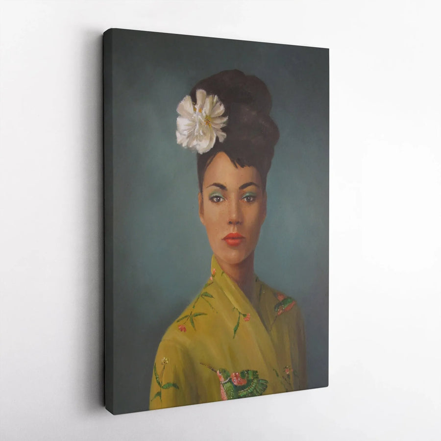 Hummingbird Woman Portrait Canvas | Vintage Style Painting with Floral Kimono | Premium Gallery Wrap | Unique Living Room Wall Art Gift