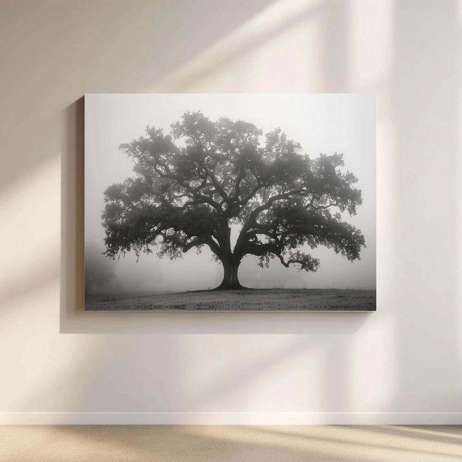 Majestic Oak Tree Wall Art | Foggy Landscape Canvas Print | Premium Gallery Wrapped 1.25 Inch Thick | Modern Nature Home Decor