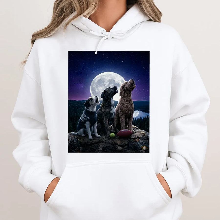 Three Dogs Howling at Moon Hoodie | Funny Wolf Parody Graphic Tee | Premium Cotton Shirt | Gift for Dog Lover