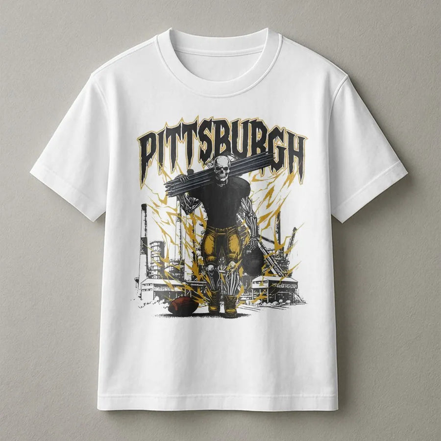 Pittsburgh Football T-Shirt | Retro Skeleton Steel City Graphic | Premium Cotton Unisex Tee | Gift for Steel City Sports Fans
