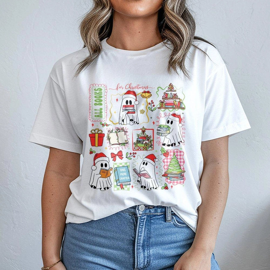 Book Lover Christmas T-Shirt | Cute Reading Ghost Graphic | Premium Cotton Unisex Tee | Funny Holiday Gift for Librarian Reader