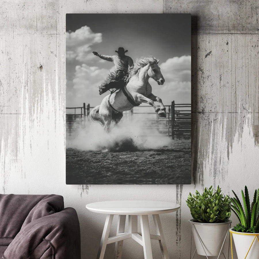 Western Cowboy Canvas Print | Black and White Bucking Bronco Rodeo Wall Art | Premium Gallery Wrap Decor | Gift for Horse Enthusiasts