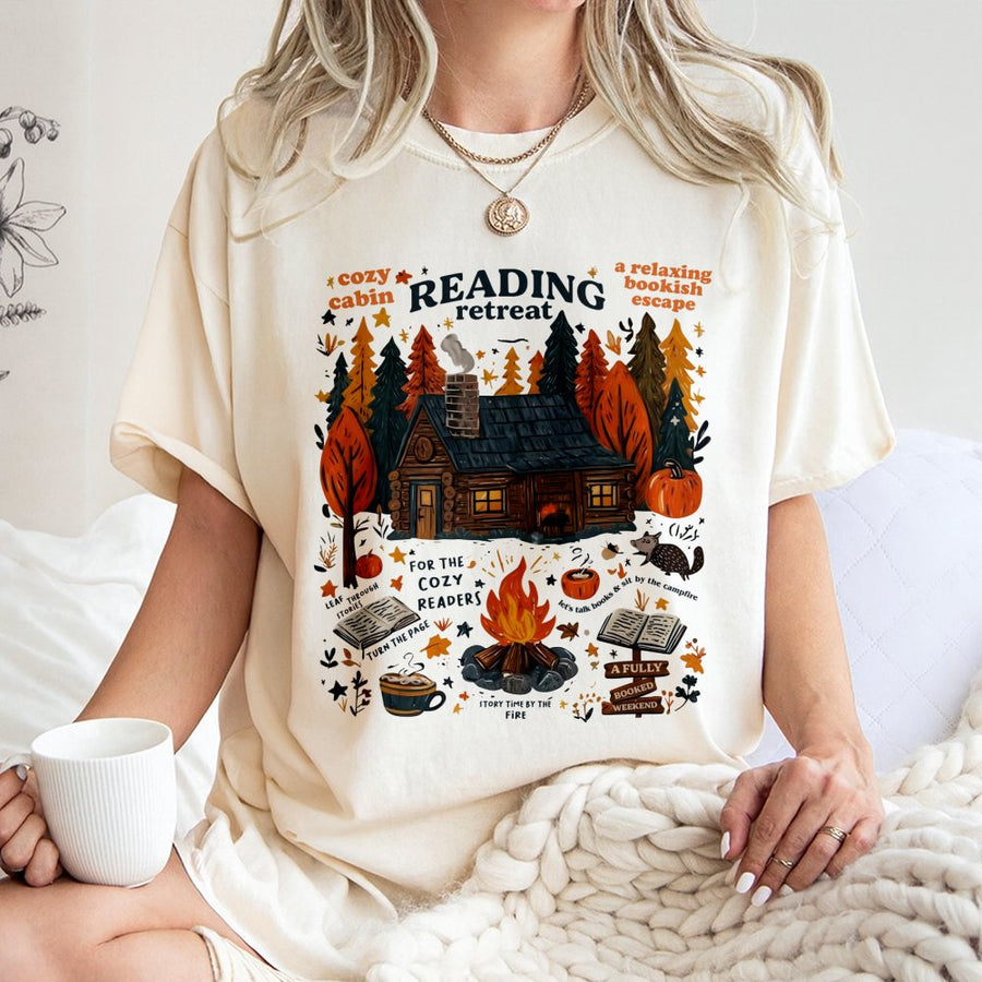 Cozy Cabin Reading Retreat T-Shirt | Bookish Fall Aesthetic Graphic | 100% Cotton Premium Tee | Reader Gift For Book Lovers