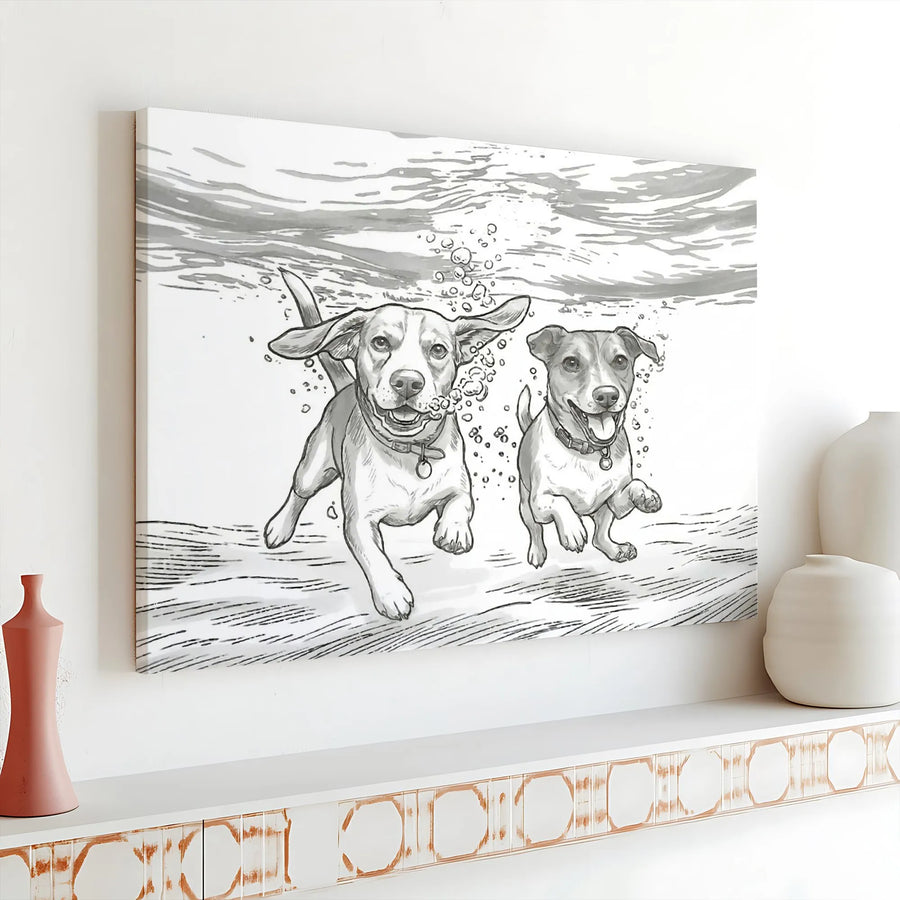 Underwater Dogs Canvas Wall Art | Black and White Sketch Illustration | Premium Gallery-Quality Canvas | Gift for Dog Lover