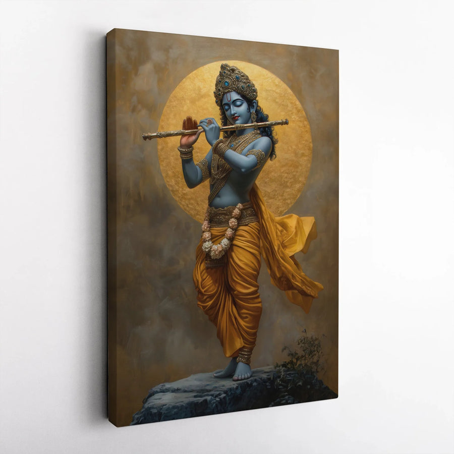 Lord Krishna Wall Art Canvas | Divine Flute Player Design | Premium Gallery-Wrapped Print | Spiritual Home Decor Gift for Devotees