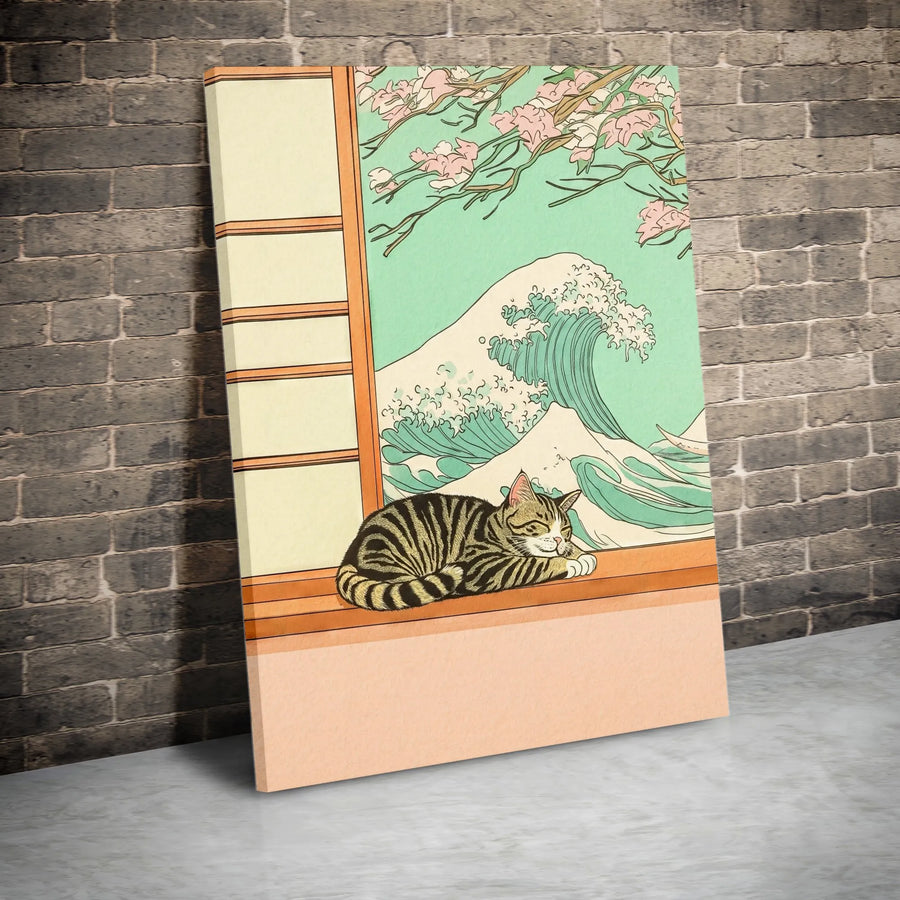Ukiyo-E Cat Canvas Wall Art | Japanese Great Wave & Cherry Blossom Decor | Premium 1.25-Inch Gallery Wrap | Unique Gift for Cat Lovers