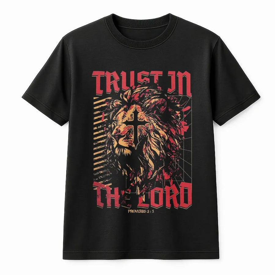 Trust in the Lord T-Shirt | Lion of Judah Cross Graphic | Premium Cotton Blend | Faith Based Apparel Gift
