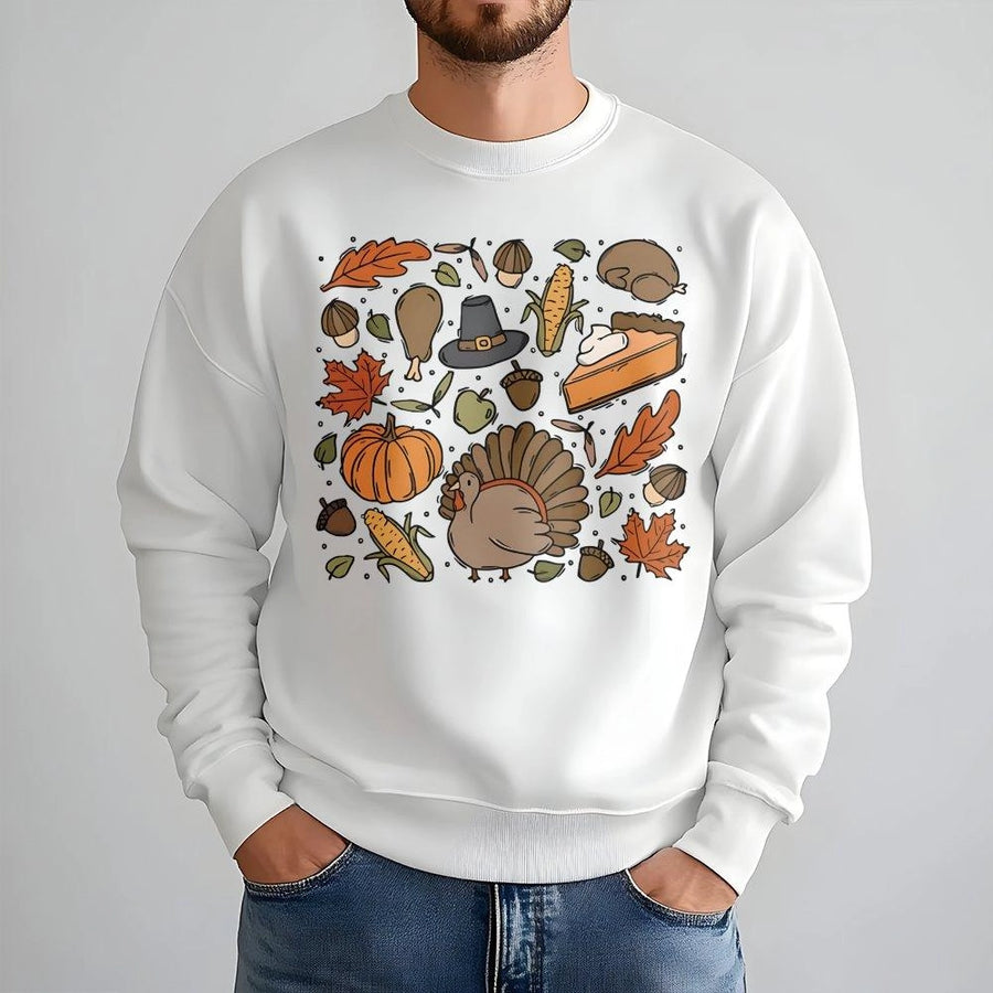 Thanksgiving Sweatshirt | Retro Doodle Turkey and Pumpkin Fall Graphic | Premium Unisex Crewneck | Cozy Autumn Outfit Gift for Her