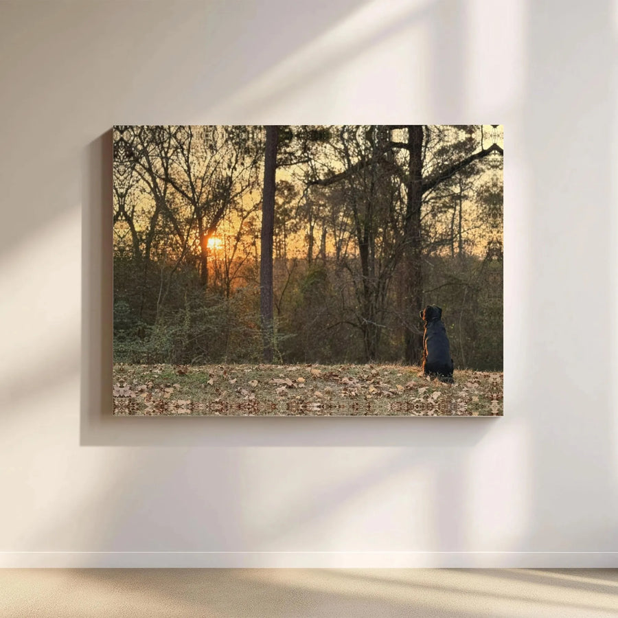Black Dog Sunset Canvas Wall Art | Autumn Forest Landscape Print | 1.25 Inch Gallery Wrap | Peaceful Nature Home Decor Gift for Dog Lovers