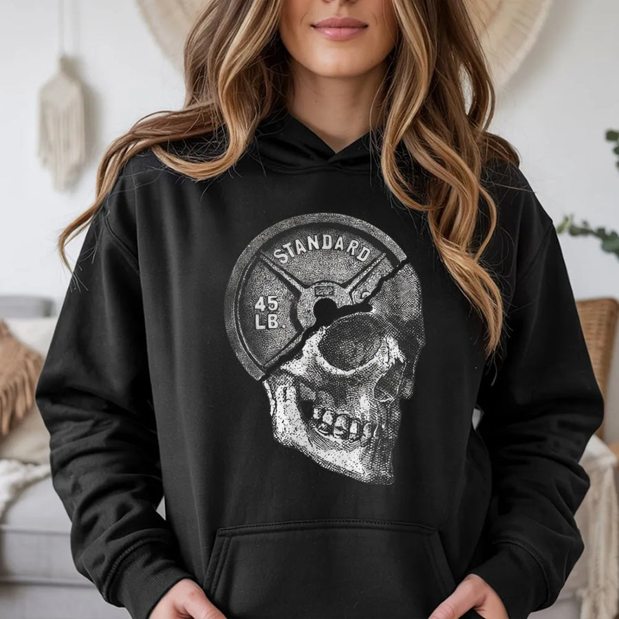 Gym Skull Hoodie | 45lb Weight Plate Graphic | Premium Cotton Fitness Tee | Gift for Bodybuilder or Weightlifter