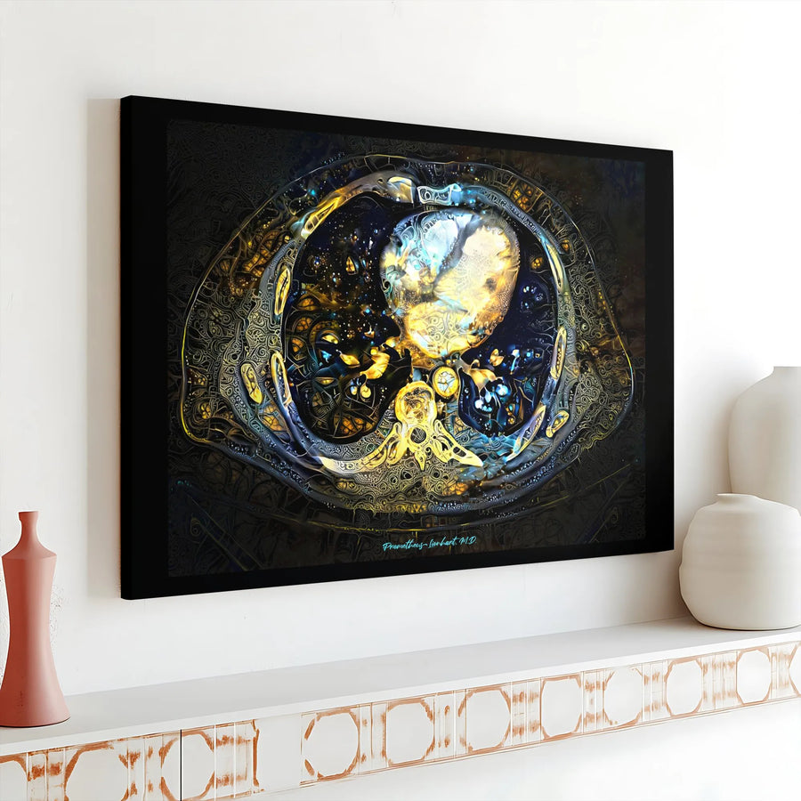 Anatomical Heart Canvas Art | Stylized Thoracic Scan Gold Decor | Gallery Wrap Premium Print | Medical Office Wall Art Gift for Doctor
