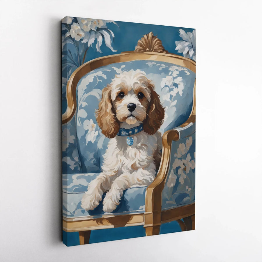 Cockapoo Dog Wall Art | Vintage Blue Floral Portrait | Gallery Wrap Premium Canvas | Gift for Doodle Dog Lovers