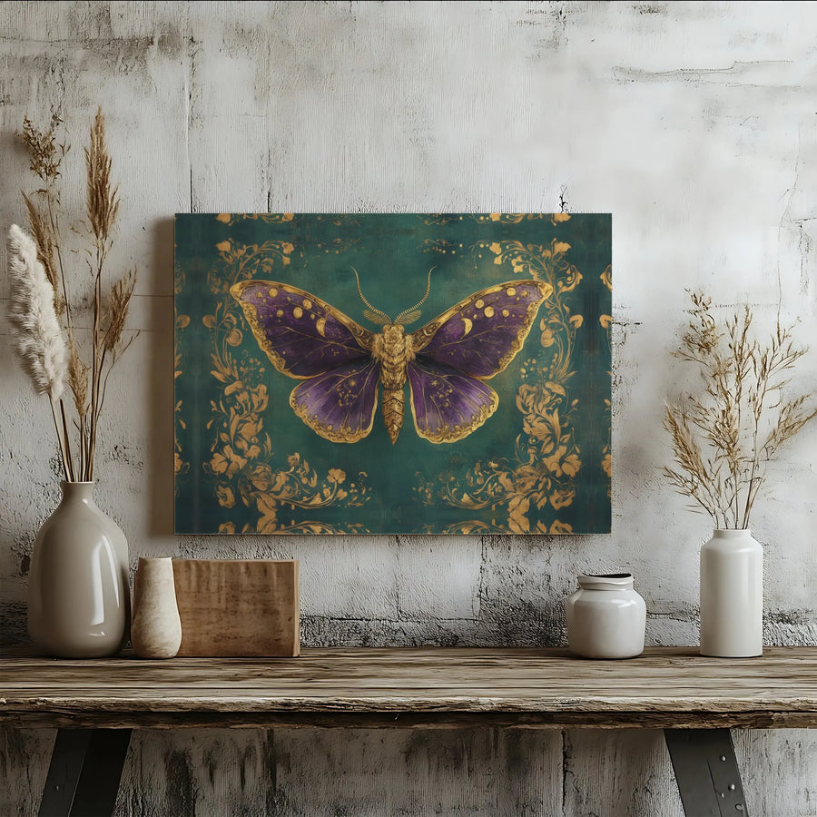 Mystical Moth Wall Art | Purple And Gold Filigree Canvas Print | Premium Gallery Wrap Decor | Bohemian Nature Gift For Home Office