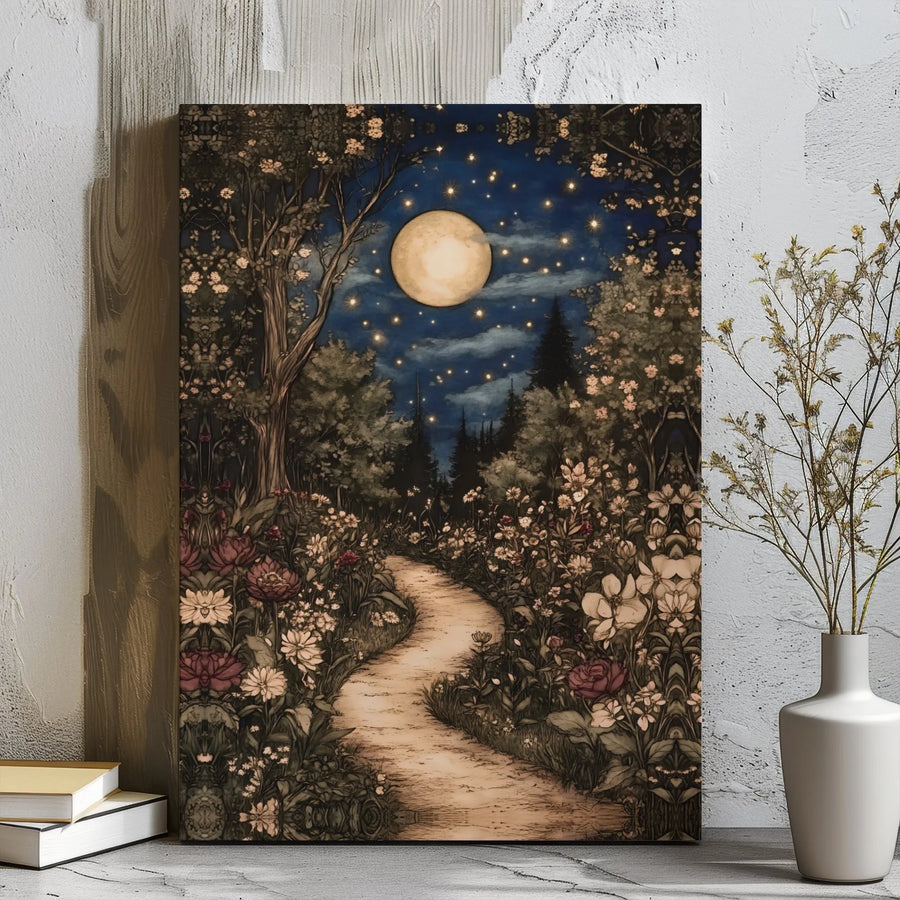 Enchanted Garden Path Canvas | Whimsical Night Forest Moon Wall Art | Premium Gallery Wrap Decor | Magical Nature Landscape Gift