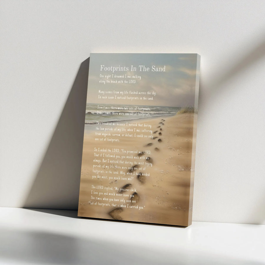 Footprints In The Sand Canvas | Inspirational Poem & Beach Scene | Premium Gallery Wrap Print | Christian Religious Home Decor Gift