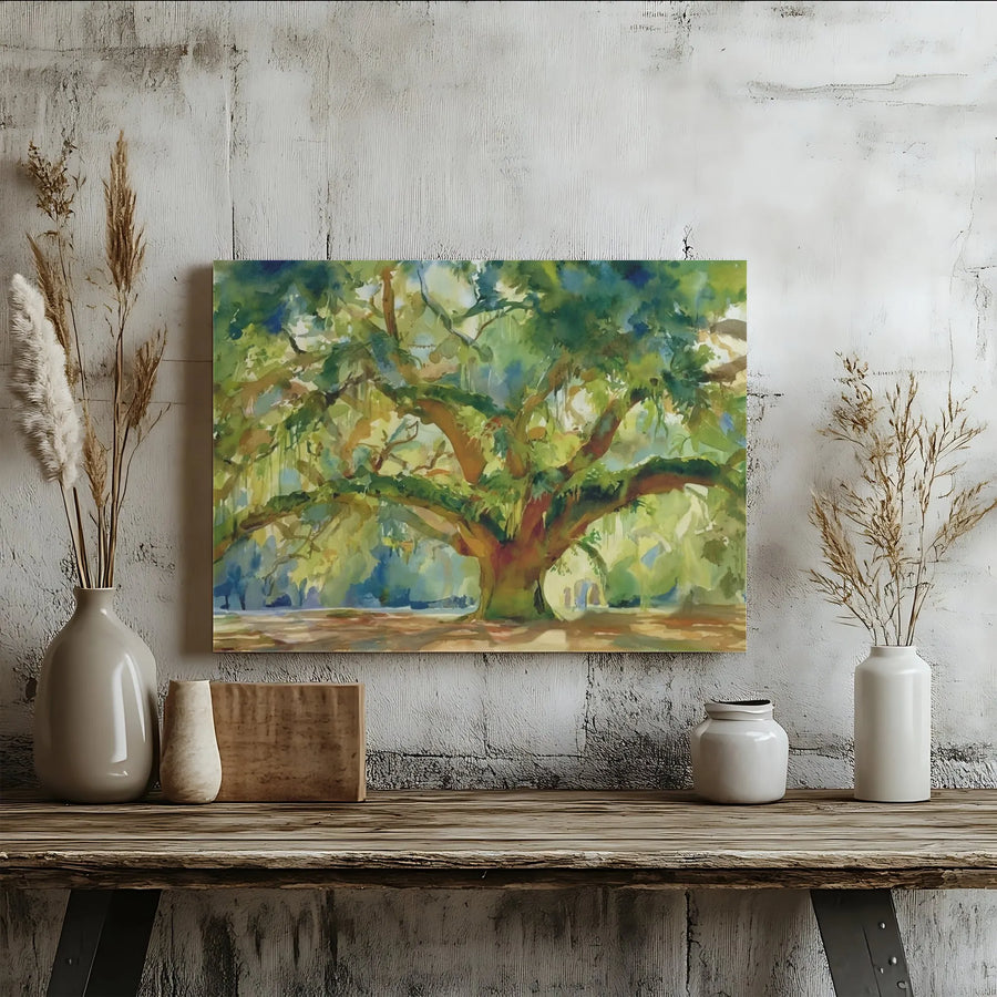 Watercolor Live Oak Tree Wall Art | Southern Landscape with Spanish Moss | Gallery-Wrapped Canvas Print | Nature Lover Home Decor Gift