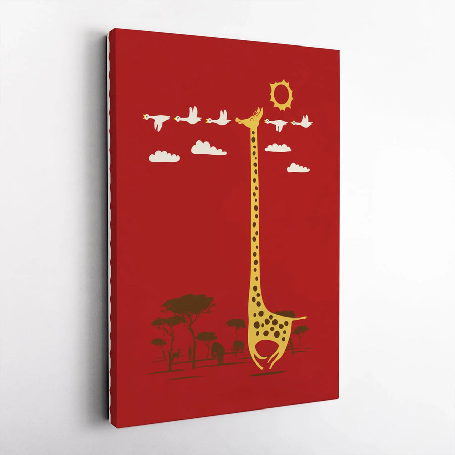 Giraffe Canvas Wall Art | Funny Cartoon Safari Scene with Birds | Premium Gallery Wrapped Canvas | Nursery & Kids Room Decor Gift