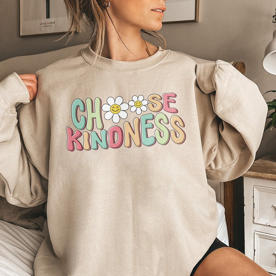 Choose Kindness Sweatshirt | Retro Smiley Face Floral Graphic | Premium Cotton Blend | Inspirational Teacher Gift Back To School Crewneck